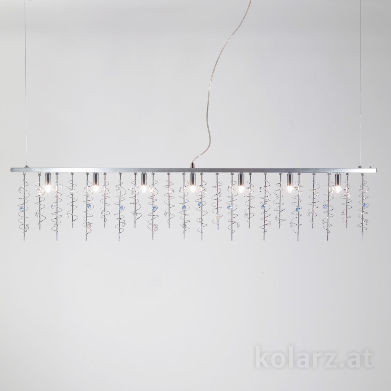 Luster SWING, Chrom Länge 120 cm, Höhe 250 cm, max. Höhe 28 cm, 7 flg., G9, 40 W Luster SWING, Chrom Länge 120 cm, Höhe 250 cm, max. Höhe 28 cm, 7 flg., G9, 40 W