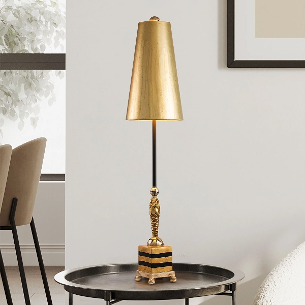 Noma Luxe Table Lamp - Gold, Schwarz und Blattsilber mit glasiertem Blattgold-Schirm der Firma Elstead