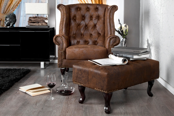 Fußhocker CHESTERFIELD Antik-Look Mikrofaser braun der Firma Casa Élite