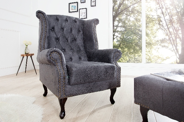 Ohrensessel CHESTERFIELD Antik-Look Mikrofaser Grau der Firma Casa Élite