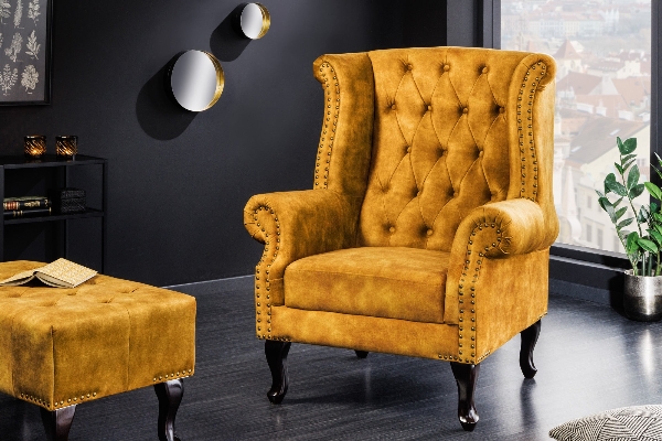 Ohrensessel CHESTERFIELD Samt Antiklook senfgelb der Firma Casa Élite
