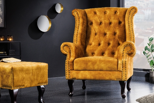 Ohrensessel CHESTERFIELD Samt Antiklook senfgelb der Firma Casa Élite