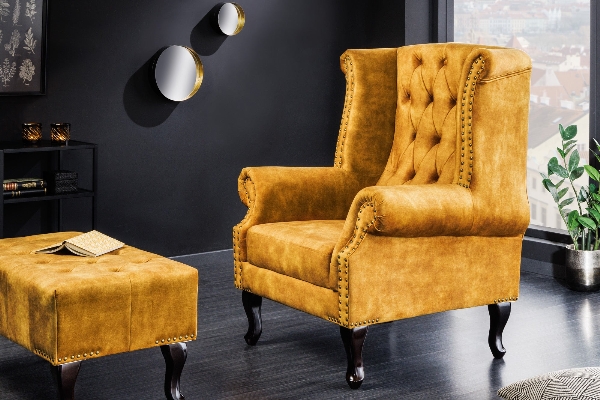 Ohrensessel CHESTERFIELD Samt Antiklook senfgelb der Firma Casa Élite